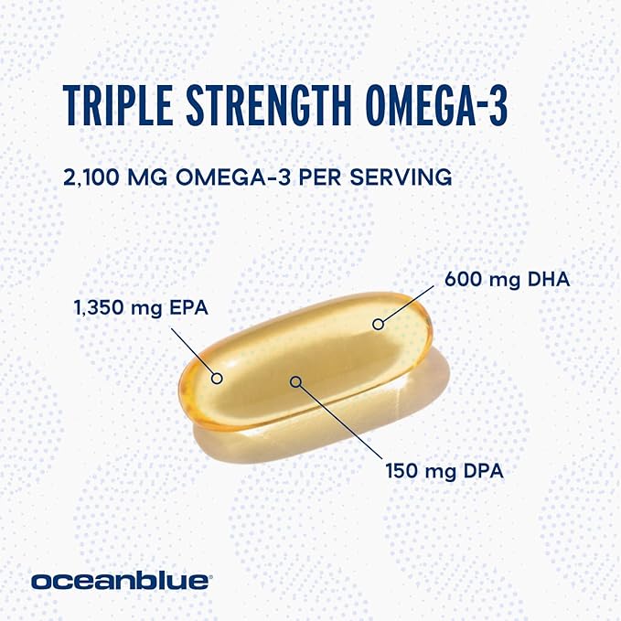 Oceanblue Professional Triple Strength Omega DPA Fish Oil Supplements 2100mg, High Potency EPA DHA DPA, Wild Caught, Burpless, 69 Servings (138 Count Natural Orange Flavor)