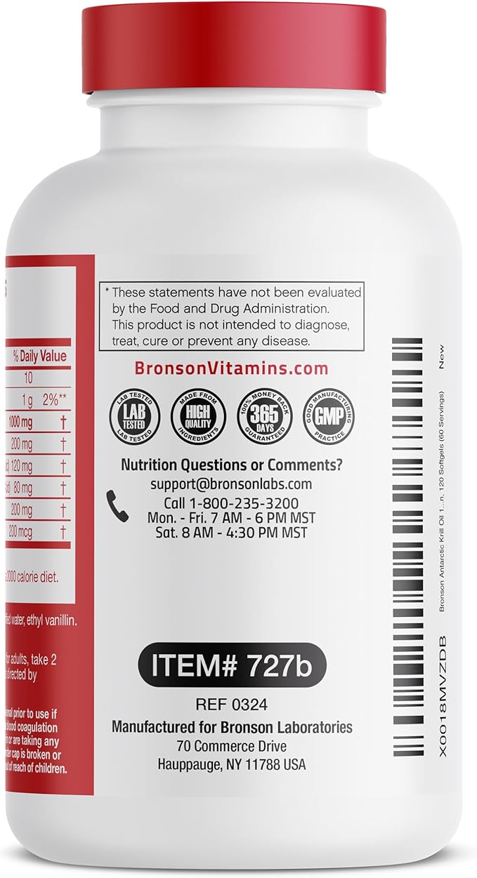 Bronson Antarctic Krill Oil 1000 mg with Omega-3s EPA, DHA, Astaxanthin and Phospholipids 120 Softgels