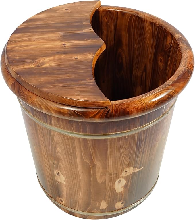 Wooden Foot Bath Bucket Foot Soaking Bath Basin with Lid Wood Footbath Barrel with Massage Beads Plate Pedicure Barrel for Spa, Massage, Sauna 15.75 * 15.75in (Brown)