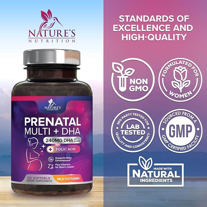 Prenatal Vitamins with Folic Acid & DHA, Fetal Brain Development Support with Folate & Omega 3's, Prenatal Multivitamin for Women, Vitamin A, C, D, B6, B12 & Iron, Pregnancy Supplement - 120 Softgels