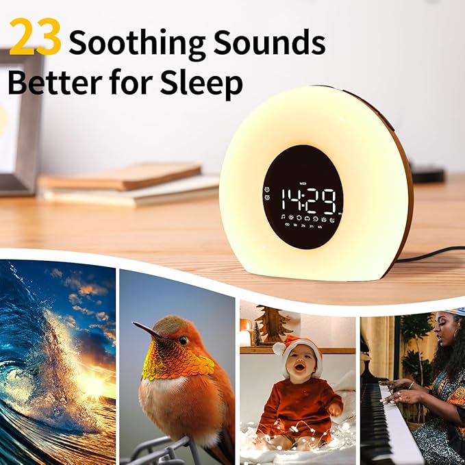 Wake Up Light Sunrise Alarm Clock for Bedroom Sunrise Sunset Simulation 23 Natural Sounds 13 Colors Night Light Dual Alarms and Snooze Sleep Aid for Heavy Sleepers Kids Adults (Wood Grain)