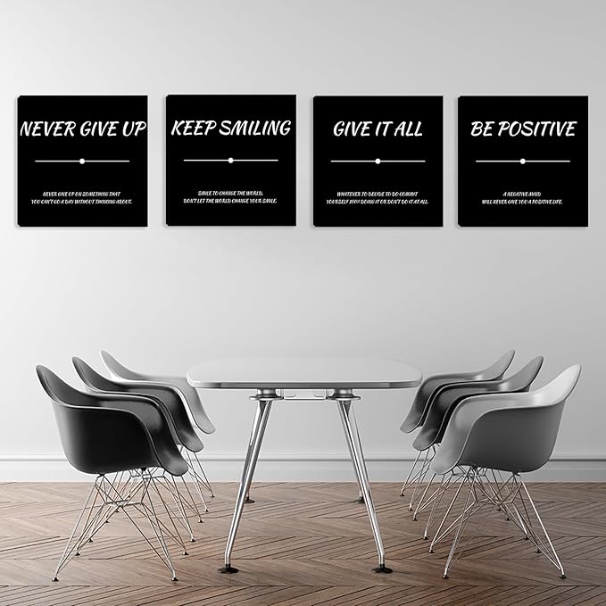 Motivational Poster Wall-Decor Black Inspirational Wall Art Office Wall Decor 4 Piece Positive Framed Canvas Wall Art for Bedroom Living Room Art Prints Decorations 16"x16"x4pcs