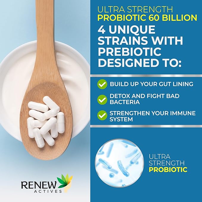 Renew Actives Probiotic Supplement for Digestive Health 60 Billion CFU per 2 Capsules - Advanced Formula with Prebiotic Benefits - Supports Gut Flora Balance & Wellness - Made in Canada - 60 Capsules
