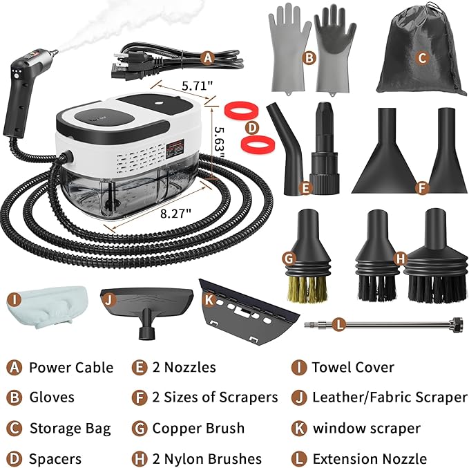 Handheld Steam Cleaner for Home, 2500W High Temperature Pressurized Machine, 1.6L Water Tank, Handle-controlled Steam Output, Portable Cleaning Steamer for Car, Bed Bugs, Furniture, Grout (White)