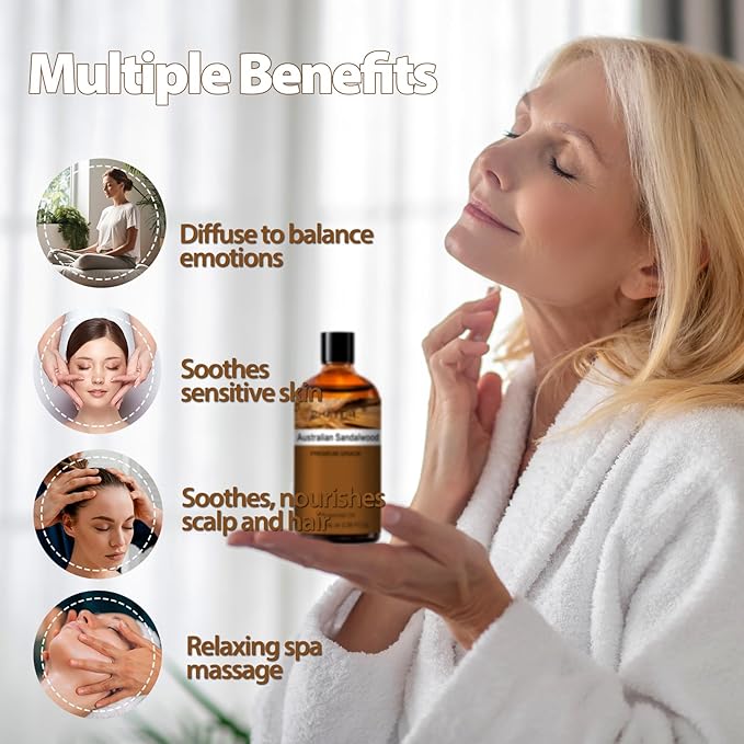 Australian Sandalwood Essential Oil, Pure Premium Natural Oil for Hair Care, Body Skin Care, Aromatherapy, DIY Candle, Soap Making 3.38Fl Oz