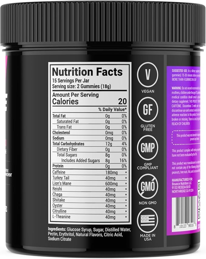 Bounce Pro Pre-Workout Gummies – Natural Focus Blend, Energy Gummies for Men & Women, Functional Mushroom+ Lion’s Mane, Fat-Burning Preworkout for Strength & Endurance (30 Count, Black Razz)