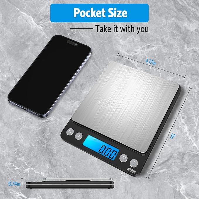 AMIR Digital Kitchen Scale, 500g/0.01g Mini Pocket Jewelry Scale, Cooking Food Scale with Backlit LCD Display, 2 Trays, 6 Units, Auto Off, Tare, PCS Function, Stainless Steel, Battery Included, Black