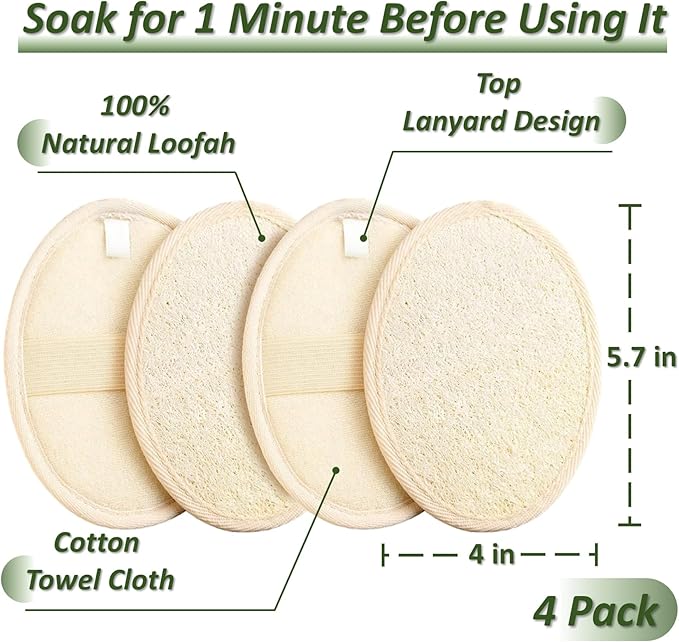 Natural Loofah Exfoliating Body Scrubber for Men and Women, Loofah Sponge Pads & Body Sponges Scrubber, Luffa Sponge to Clean & Relax Your Body Deeply (4 Pack)