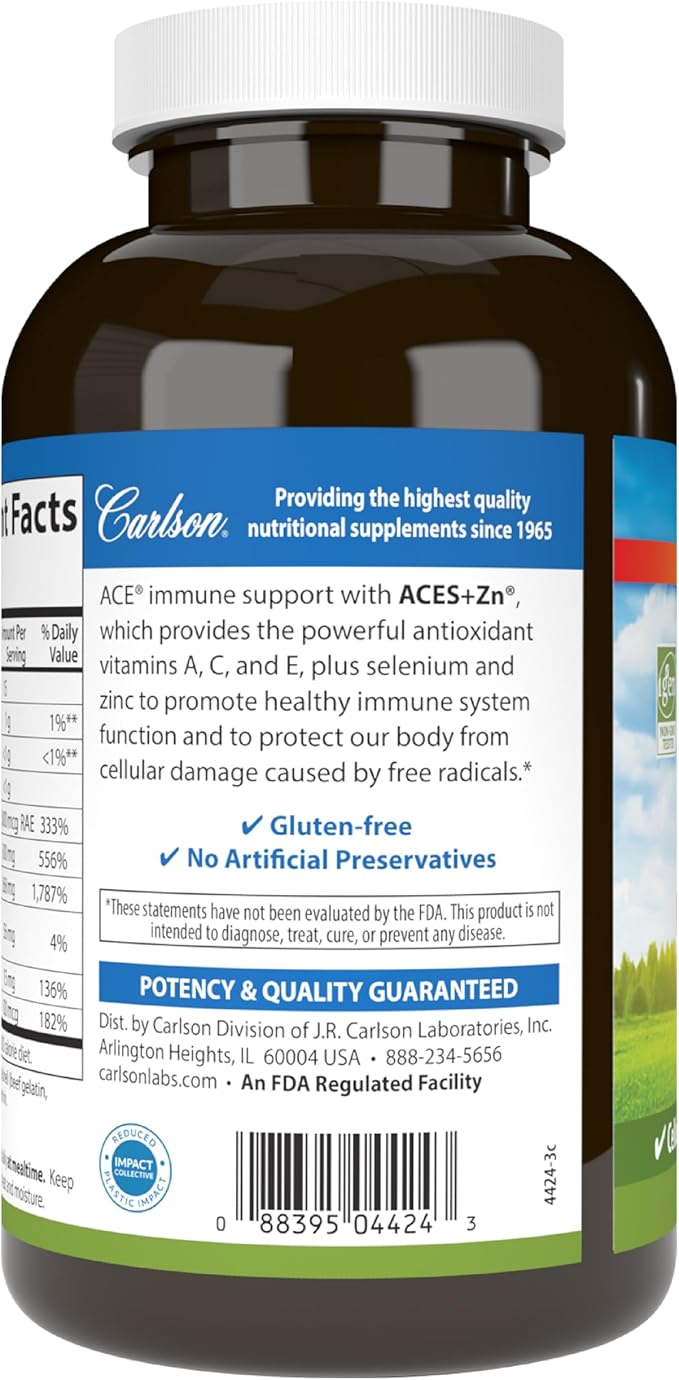 Carlson - ACES + Zn, Vitamins A, C, E + Selenium & Zinc, Multivitamin with Zinc, Cellular Health & Immune Support, Selenium Multivitamin, Antioxidant, 360 Softgels