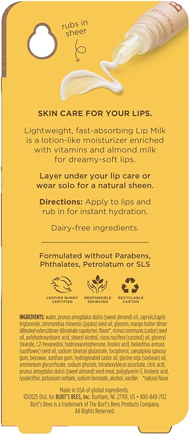 Burt’s Bees Lip Milk, Daily Lip Moisturizer, Toasted Coconut, Vitamin Enriched Moisturizing Lip Balm with Almond Milk and Jojoba Oil, Hydrating for Softer Lips, 1 Tube, 0.34 Fl Oz