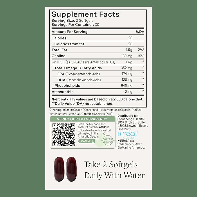 Stonehenge Health Dynamic Krill Oil 1600mg – Triple Strength Antarctic Omega-3 Supplement with EPA, DHA, Phospholipids & 2mg Astaxanthin – Supports Heart, Brain, Skin, Joint & Eye Health – 60 Softgels