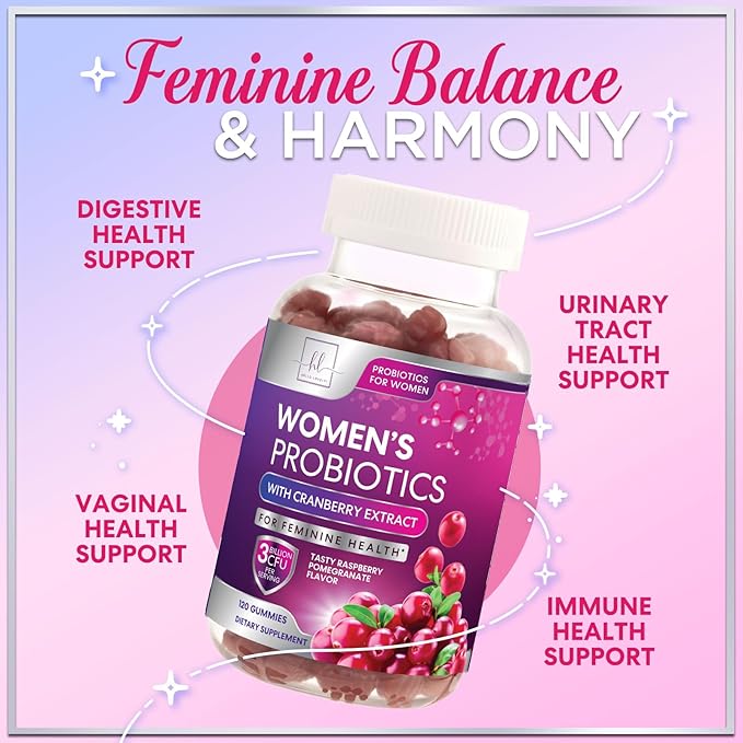 Probiotics for Women Gummies with Cranberry - 6 Premium Strains for PH Balance, Digestive Health, Vaginal & Immune Support, 3 Billion CFU, Women's Probiotic Gummy for Feminine Health - 120 Gummies