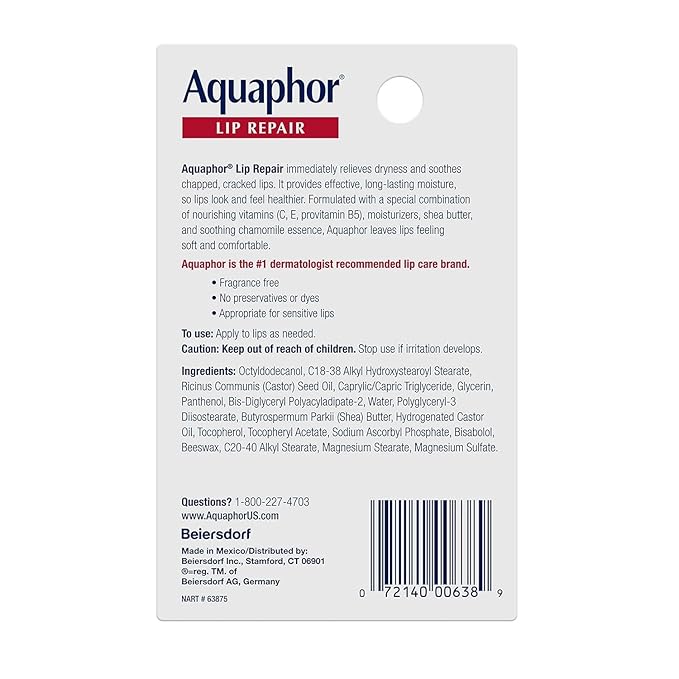 Aquaphor Lip Repair Ointment - Long-lasting Moisture to Soothe Dry Chapped Lips - .35 fl. oz. Tube