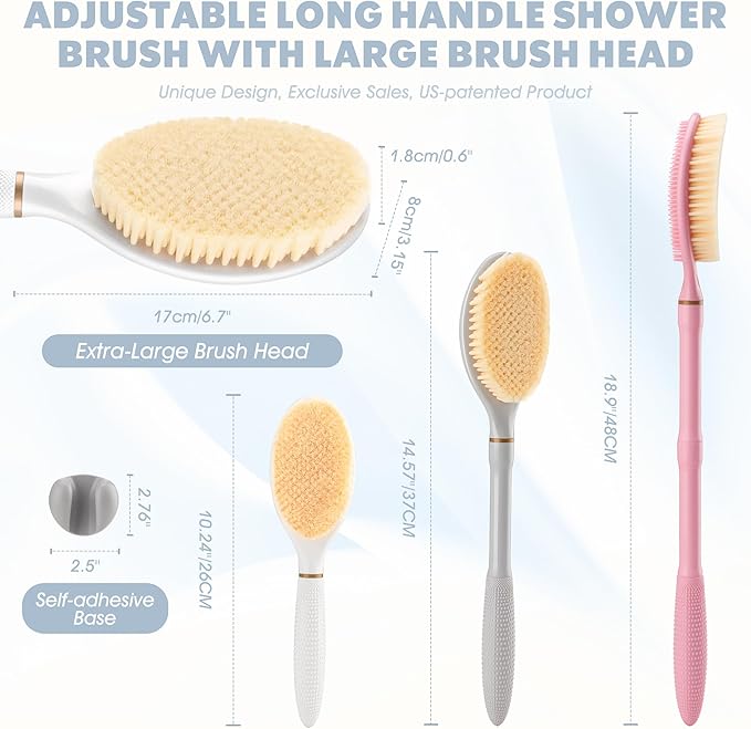 New Back Scrubber Anti-Slip for Shower, 18.9‘’ Adjustable Shower Back Scrubber with Dual-Side Head & Soft Bristles, Extra-Long Shower Brush Bath Brush for Lathering Cleansing(Gray-L)