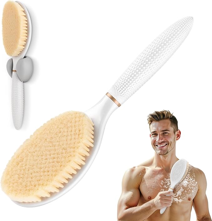 New Body Scrubber for Wet or Dry Brushing, Anti-Slip Corn-Handle Shower Brush with Large Dual-Side Head & Soft Bristles, Easy-to-use Bath Brushes for Lathering Cleansing(White-S)