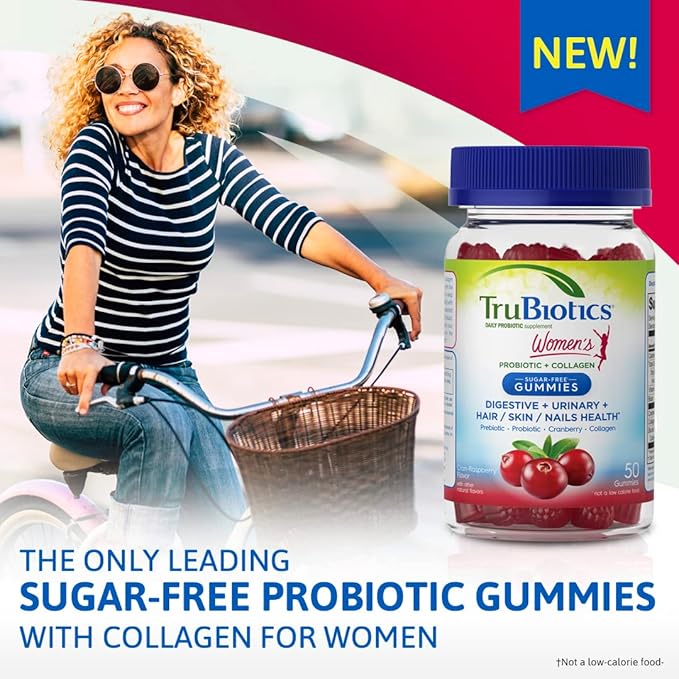 TruBiotics Probiotic Gummies with Collagen for Womens Digestive/Urinary/Hair/Skin/Nails Health, Sugar Free Prebiotics & Probiotics for Women, Collagen, Biotin, Vitamin C & Cranberry Extract, 50 Count