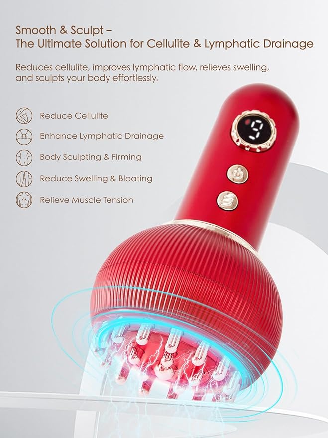 Lymphatic Drainage Massager & Anti Cellulite Massage Tool, Reduce Stretch Marks & Cellulite, for Legs, Arms & Belly, Body Sculpting Machine with Microcurrent, Light, Heat & Vibration (Red)