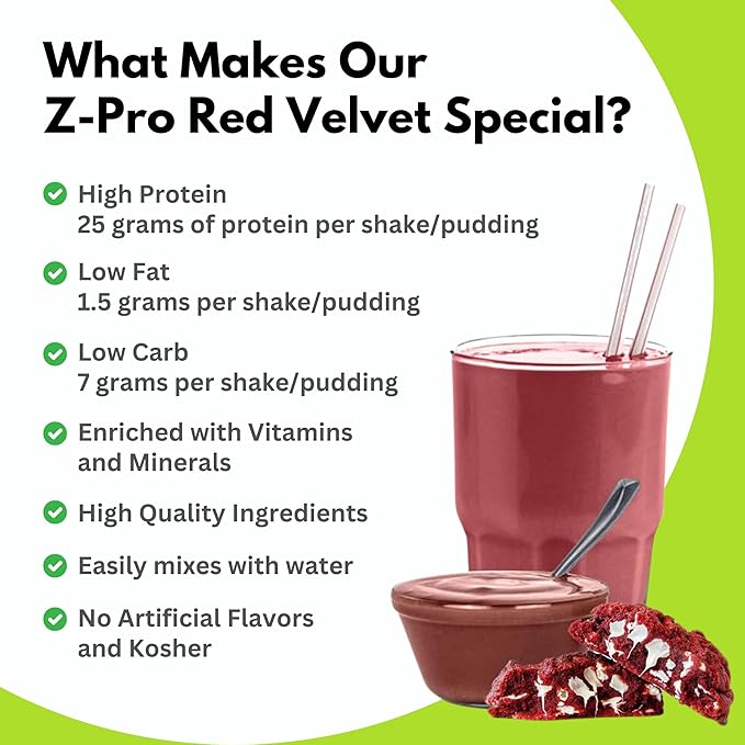 Z-Pro Red Velvet Protein Drink Mix - High Protein, Low Calorie Low Fat Shake and Pudding Mix - Meal Replacement, On-The-Go Packets - Breakfast Boost - 25g Protein - 14 Packets