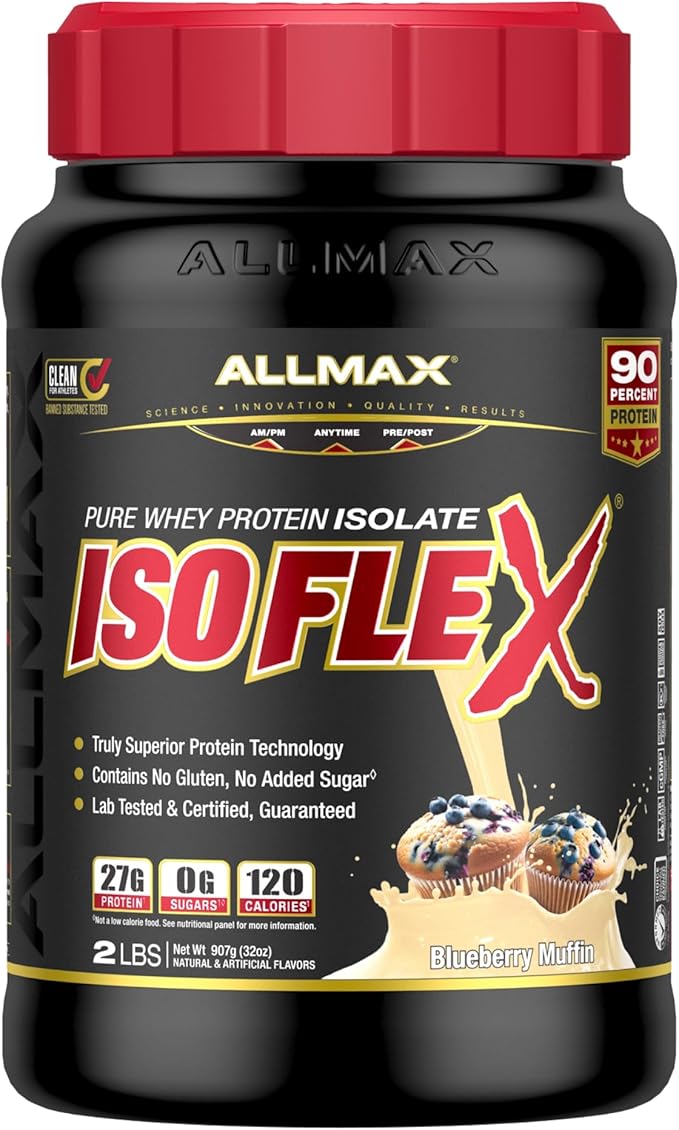 ALLMAX ISOFLEX Whey Protein Isolate, Blueberry Muffin - 2 lb - 27 Grams of Protein Per Scoop - Zero Fat & Sugar - 99% Lactose Free - Gluten Free & Soy Free - Approx. 30 Servings