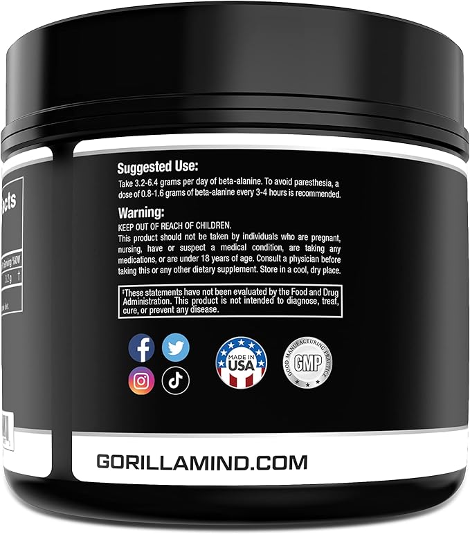 Gorilla Mind Beta-Alanine Carnosine Precursor,Enhanced Muscular Endurance, 3.2 Grams per Servings