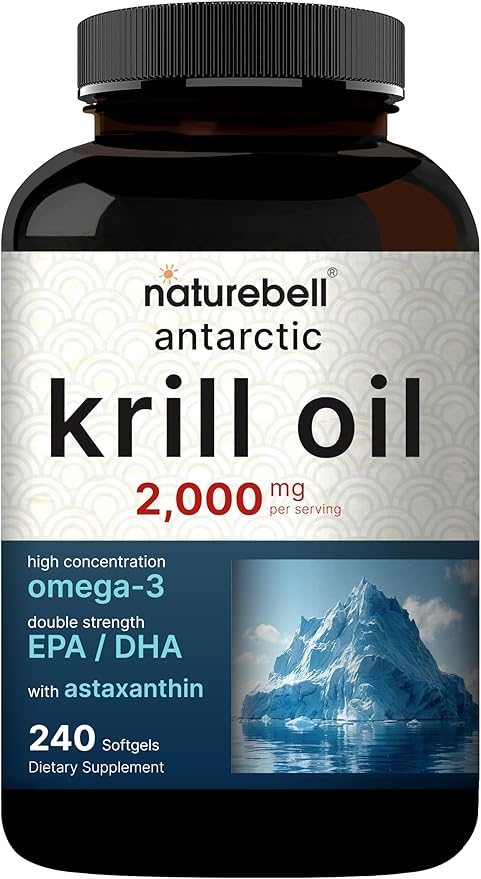 Antarctic Krill Oil 2000mg Supplement, 240 Softgels, 3X Strength Natural Source of Omega-3s, EPA 240mg + DHA 160mg + Astaxanthin 800mcg – No Fishy Aftertaste – Mercury Free & Non-GMO