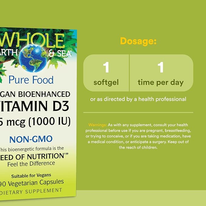 Whole Earth & Sea from Natural Factors, Vitamin D3 1000 IU (25 mcg), Whole Food Supplement, Vegan, 90 Capsules