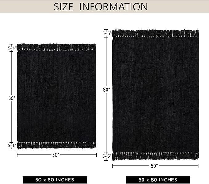 Chenille Throw Blanket for Couch 60"X 80" Twin, Soft Cozy Throws with Fringe Tassel for Bed Sofa Chair Cover, Lightweight Knitted Decorative Boho Blankets for Living Room, Black