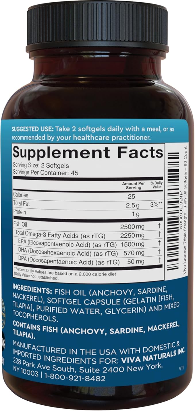 Viva Naturals Omega 3 Fish Oil Supplement for Women and Men - 2500 mg Triple Strength Fish Oil Pills with Re-Esterified Omega 3 Fatty Acids Including EPA, DHA DPA - 90 Pescatarian-Friendly Softgels