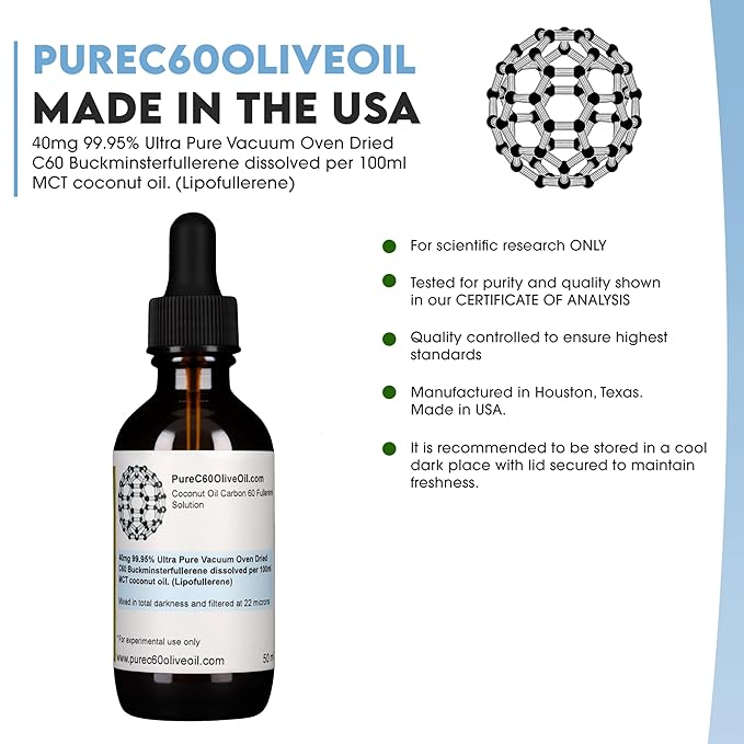 PureC60OliveOil C60 Organic MCT Coconut Oil 50ml / 1.7 Fl Oz - 99.95% Carbon 60 Solvent Free 20mg - Amber Glass Bottle - Food Grade - Carbon 60 MCT Coconut Oil - from The Leading Global Producer