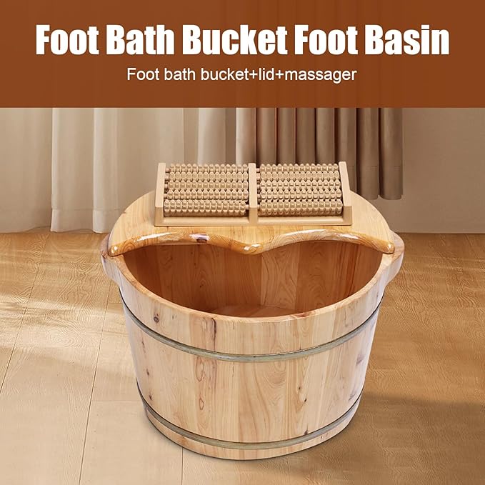 DouSeiAi Wood Foot Tub with Massager, lid and Massage Roller, Solid Wood Handmade Wooden Foot Basin Set for Soaking Feet Spa Foots Care