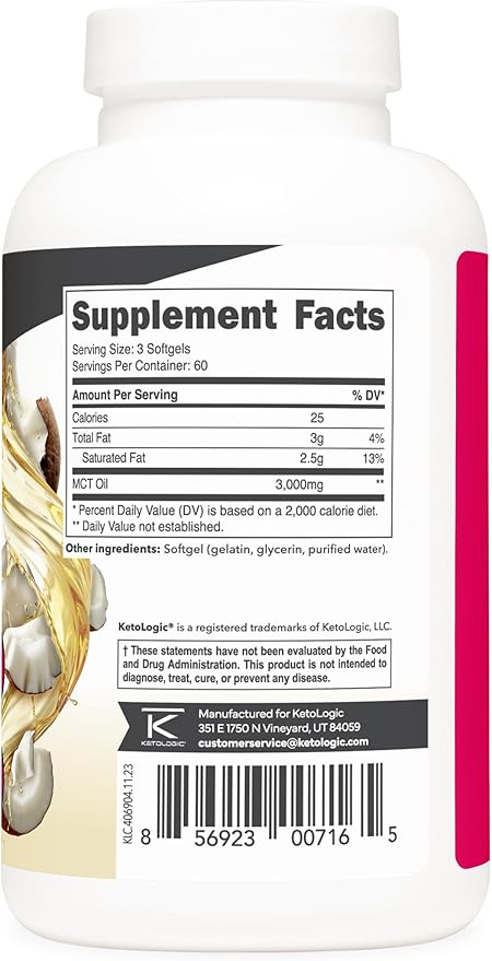 Ketologic MCT Oil (180 Softgels) (60 Servings) (3,000MG MTC Oil per Serving) - Medium Chain Triglycerides