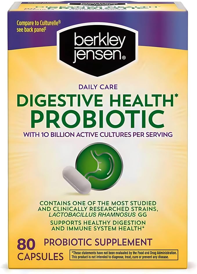 berkley jensen Daily Care Digestive Health Probiotics for Women & Men - Advanced Formula with Lactobacillus Rhamnosus GG & Lactobacillus Acidophilus - for Immune Support & Gut Health - 80 Capsules