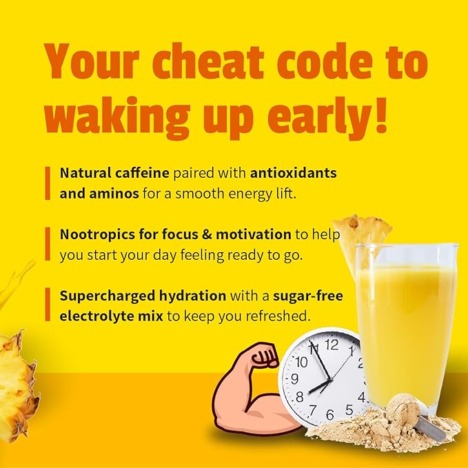 EarlyBird Morning Cocktail - Pineapple Mimosa 45 Servings - Clean Energy Drink (Natural Caffeine), Increased Motivation (Nootropics), Supercharged Hydration (Electrolytes) - Wake Up Early Drink w/