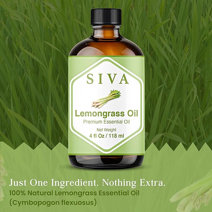 SIVA Lemongrass Essential Oil - 4 Fl Oz – Natural Lemongrass Oil - for Diffuser, Face, Skin Care, Aromatherapy, Hair Care, Scalp and Body Massage - with Dropper
