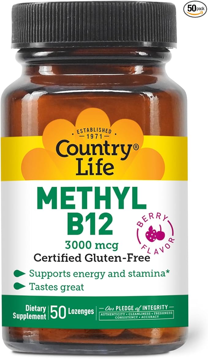 Country Life Methyl B-12 3000 mcg Lozenges, Vegan, Methylcobalamin for Energy and, Easily Absorbed, B12 Vitamin, Supports Energy Levels, Stamina & Metabolism, 50 Count