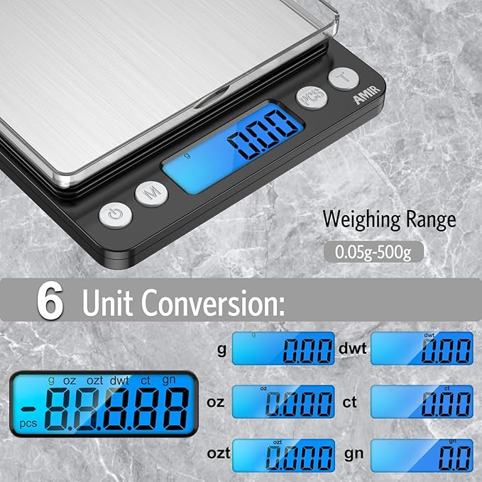 AMIR Digital Kitchen Scale, 500g/0.01g Mini Pocket Jewelry Scale, Cooking Food Scale with Backlit LCD Display, 2 Trays, 6 Units, Auto Off, Tare, PCS Function, Stainless Steel, Battery Included, Black