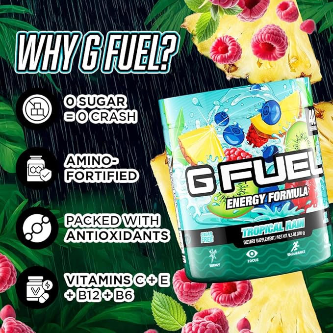 G Fuel Tropical Rain Energy Drink Powder, Pre Workout Caffeine Mix for Gaming, Sugar Free Focus Amino, Vitamin + Antioxidants, 9.8oz (Fruit Medley, 40 Servings)
