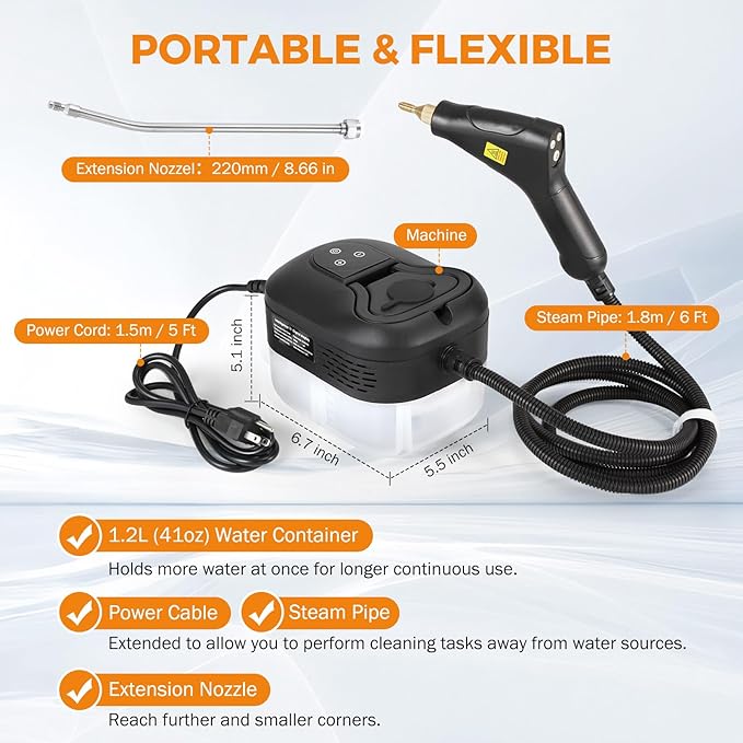 BEAMNOVA Steam Cleaner for Car Detailing 1.2L (41oz) Water Tank Portable Handheld Steamer for Cleaning Steam Gun High Pressure Multipurpose Steam Machine, Black