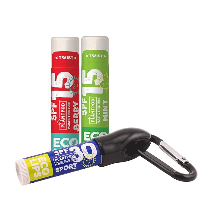 Eco Lips Broad Spectrum SPF Sun Protection Lip Balm 3-Pack with Carabiner Eco Clip (Berry, Vanilla, Mint) With Cocoa Butter & Aloe to Moisturize Lips | Made in USA