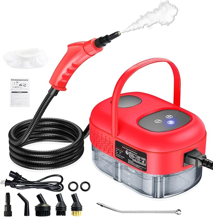 2500W Handheld Steam Cleaner, Portable Steamer for Cleaning with Touch Screen, Hand Held Steamer Cleaner, Pressurized Hand Steam Cleaner for Home Car Detailing Walls Grout Couch Tile Carpet, Red