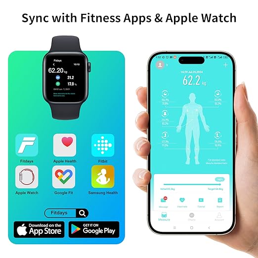Smart Body Composition Scale – 8‑Electrode Dual‑Frequency BIA · 21 Body Metrics · 400 lb· App Sync (Fitdays, Apple Health,Google Fit) · Auto Recognition · 5 mm Tempered‑Glass Stable Platform