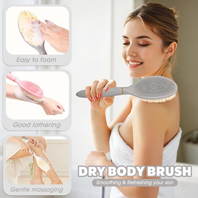 New Body Scrubber for Wet or Dry Brushing, Anti-Slip Corn-Handle Shower Brush with Large Dual-Side Head & Soft Bristles, Easy-to-use Bath Brushes for Lathering Cleansing(Gray-S)
