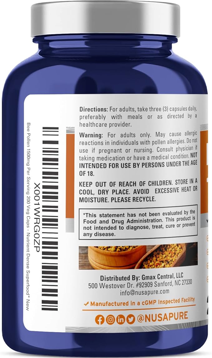 NusaPure Bee Pollen 1500mg 200 Veggie Caps (100% Vegetarian, Non-GMO, Gluten Free) Naturally Occurring Proteins, Aminoacids*