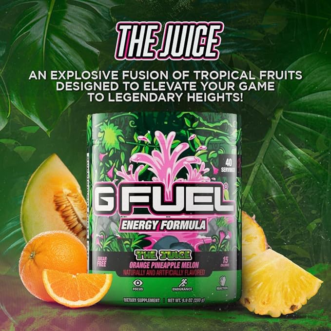 G Fuel The Juice Energy Drink Powder, Pre Workout Caffeine Mix for Gaming, Sugar Free Focus Amino, Vitamin + Antioxidants, 9.9oz (Pineapple & Melon Punch, 40 Servings)