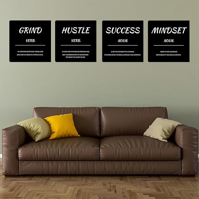Motivational Office Wall Decor Inspirational Mindset Canvas Wall Art 4 Pieces Hustle Posters Prints Success Wall Paintings Picture Artwork Home Bedroom Living Room Decorations 20"x20"x4pcs