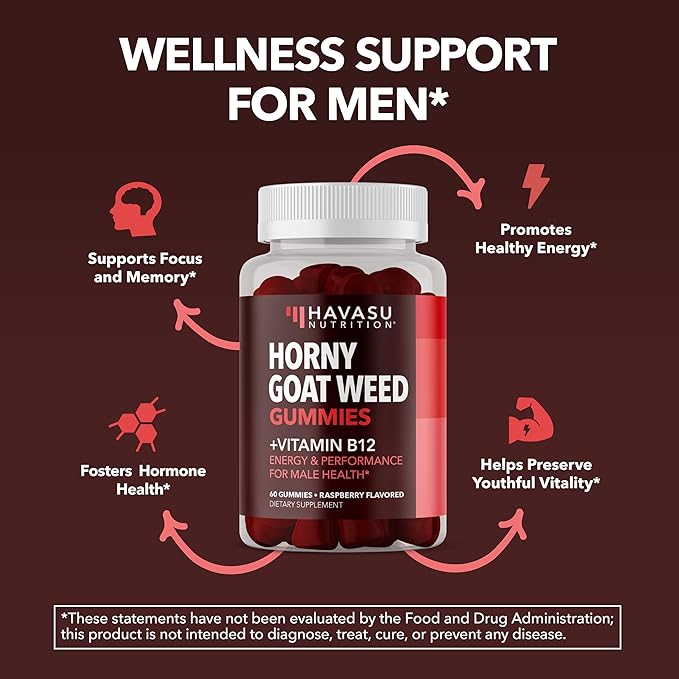 Horny Goat Weed Gummies with Vitamin B12 - Energy, Endurance & Performance Support for Male Health - 60 Count - Vegetarian-Friendly, Non-GMO, Pectin-Based - Raspberry Flavor, 1 Month Supply