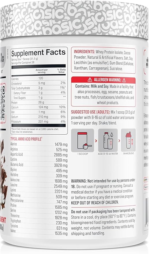 Basic Whey Protein Isolate, 26g Protein, 0g Fat, Gluten-Free, RBST-Free, Rapid Absorption, 120 Calories (2 Pound, Chocolate)