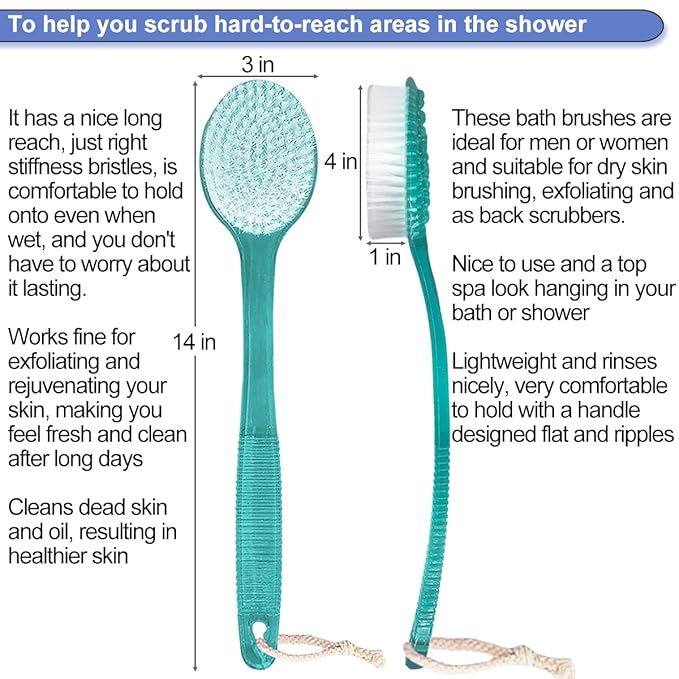 Back Brush for Shower, 14-inch Long Handle Medium Stiff Bristles Bath Scrubber for Men Women Body Exfoliating and Brushing - 2 Packs Blue