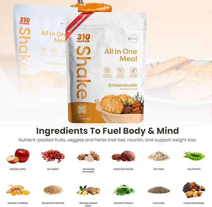 310 Nutrition All-In-One Meal Replacement Shake Powder - Plant-Based Protein Smoothie Blend w/High Fiber, Probiotics & Adaptogens - Low Carb, Vegan, Keto & Paleo Friendly - Snickerdoodle - 14 Srv