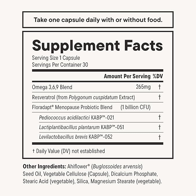 Daily Nouri Menopause Probiotic | Supports Hormonal Balance, Estrogen, Hot Flashes, Night Sweats, Bloating & Gut Health | 3 Clinically Studied Strains + Resveratrol & Vegan Omega Oil | 30-Day Supply